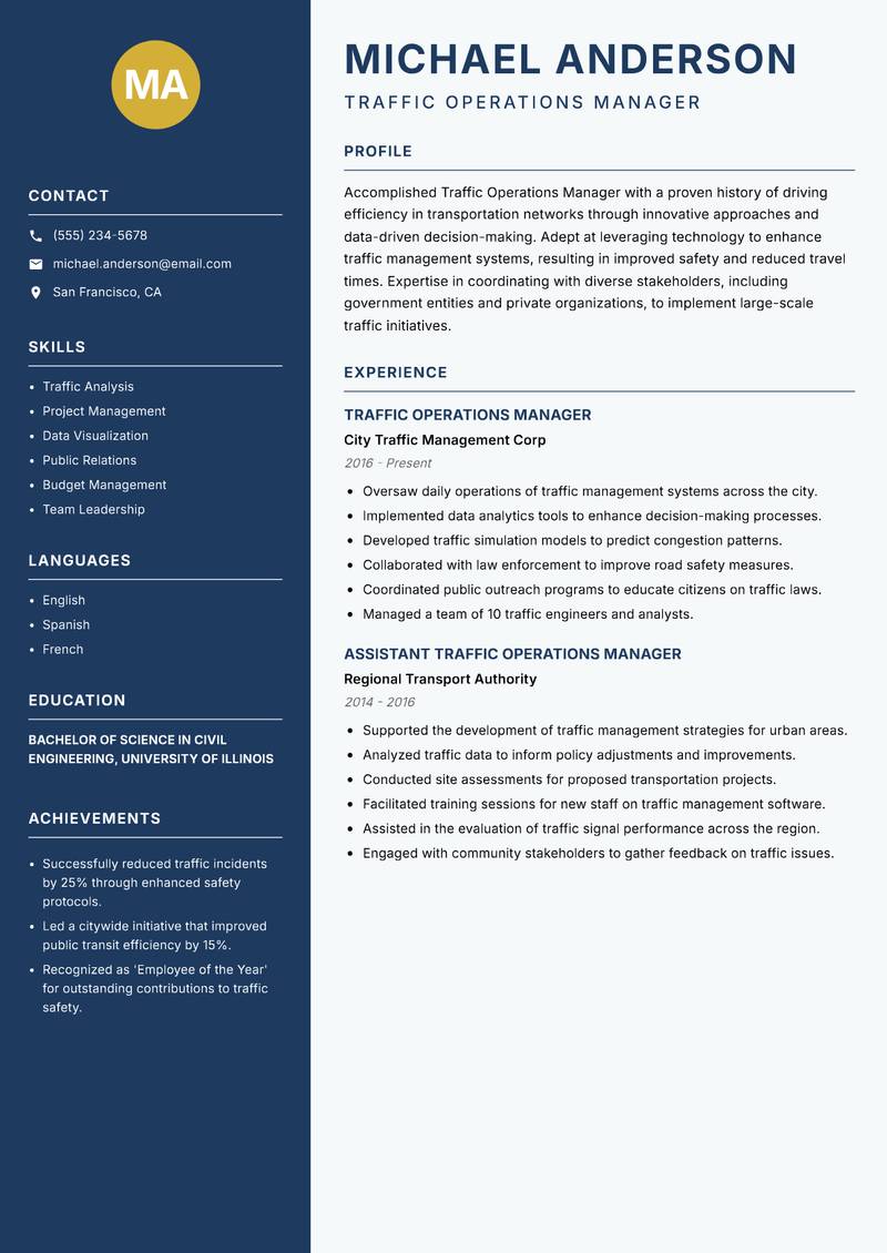 Traffic Operations Manager resume template — Classic Clean
