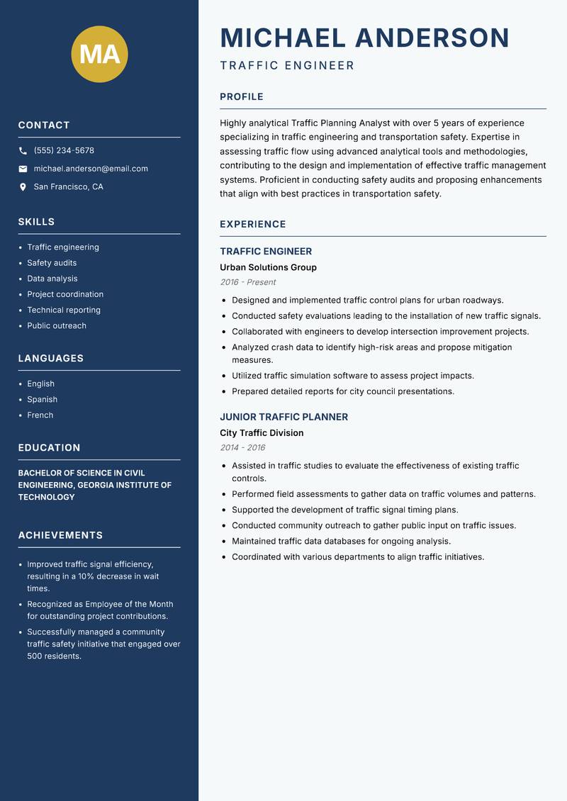 Traffic Planning Analyst resume template — Classic Clean
