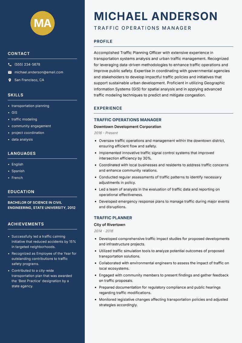 Traffic Planning Officer resume template — Classic Clean