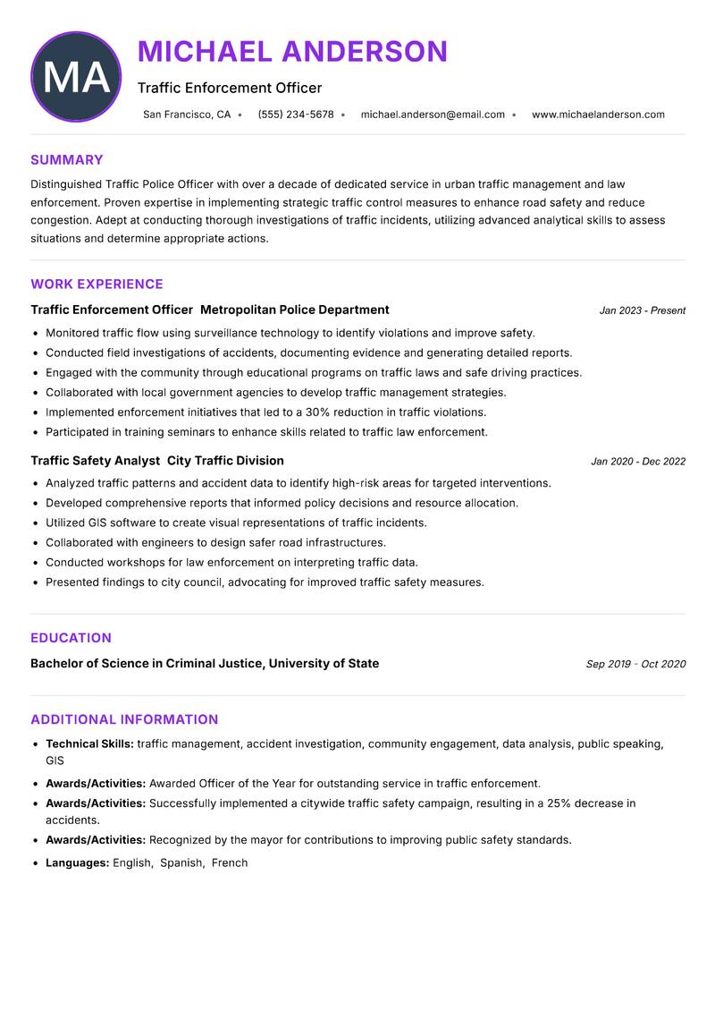 Traffic Police Officer resume example — ATS-friendly template