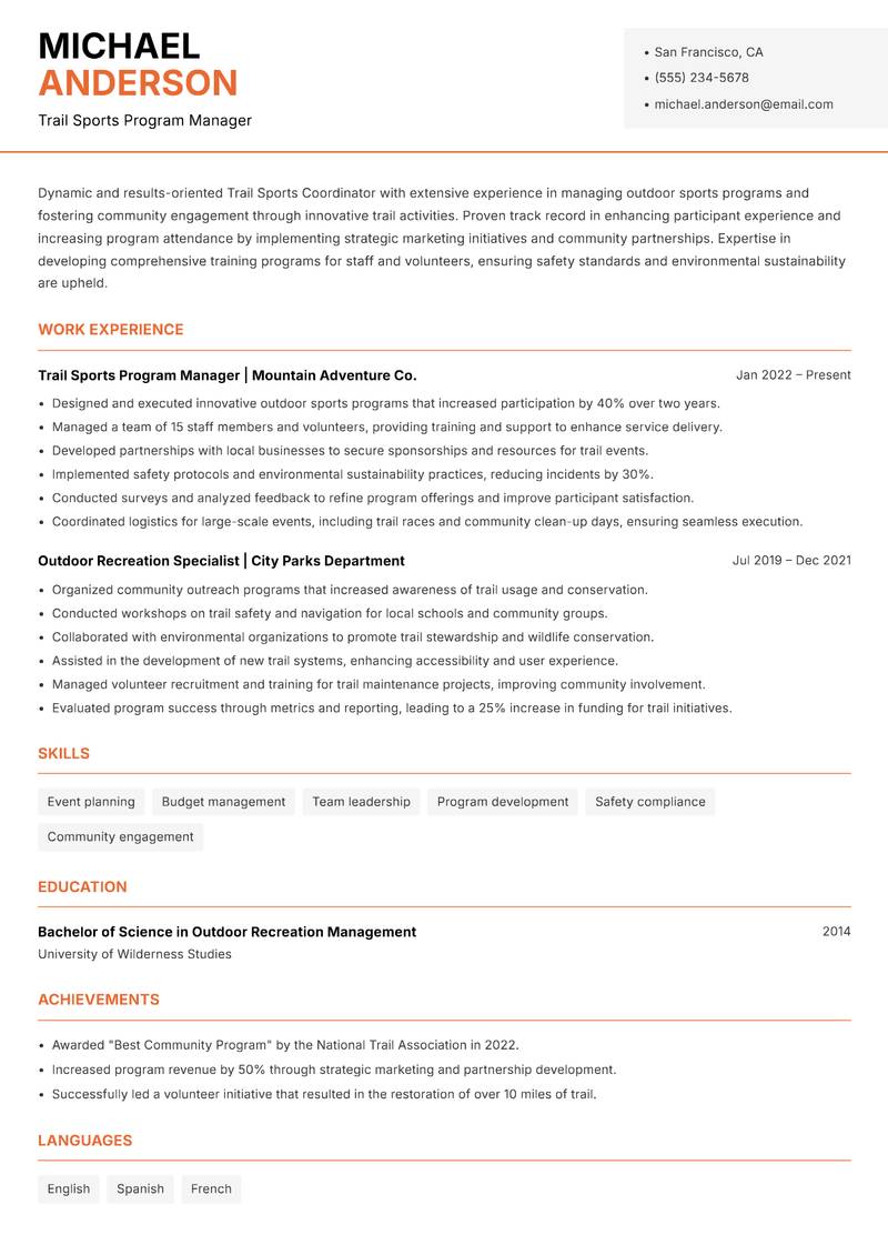 Trail Sports Coordinator resume template — Modern Professional