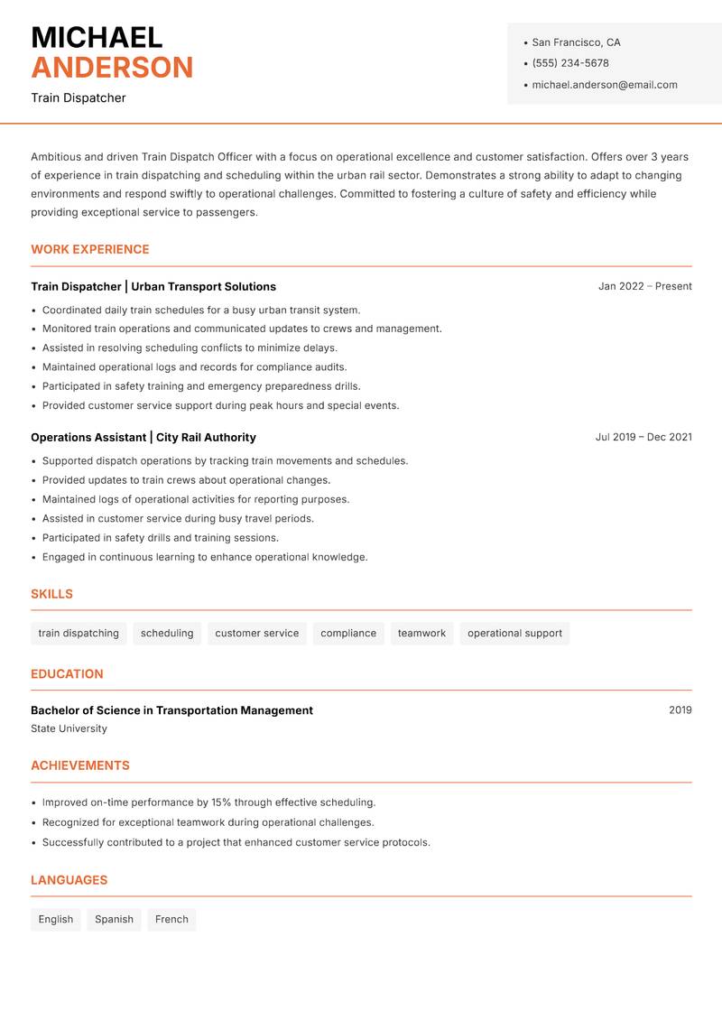 Train Dispatch Officer resume template — Modern Professional