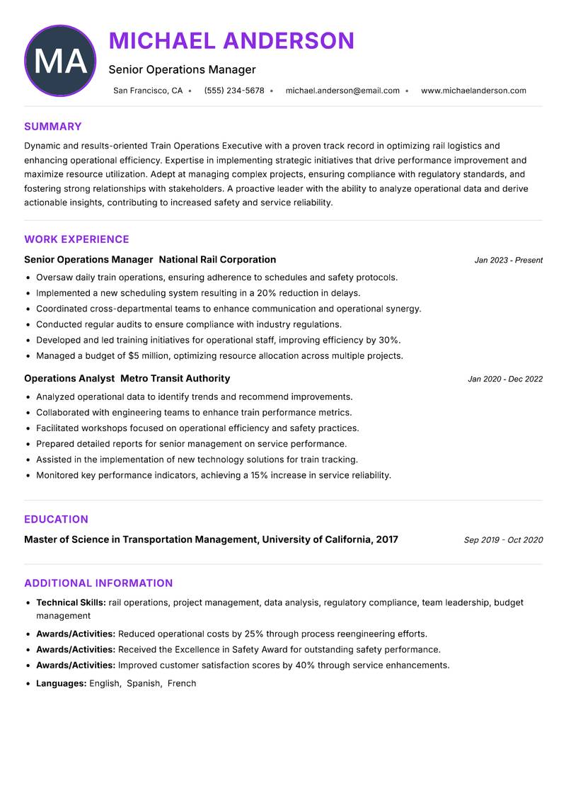 Train Operations Executive resume example — ATS-friendly template