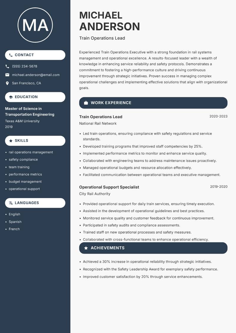 Train Operations Executive resume template — Compact