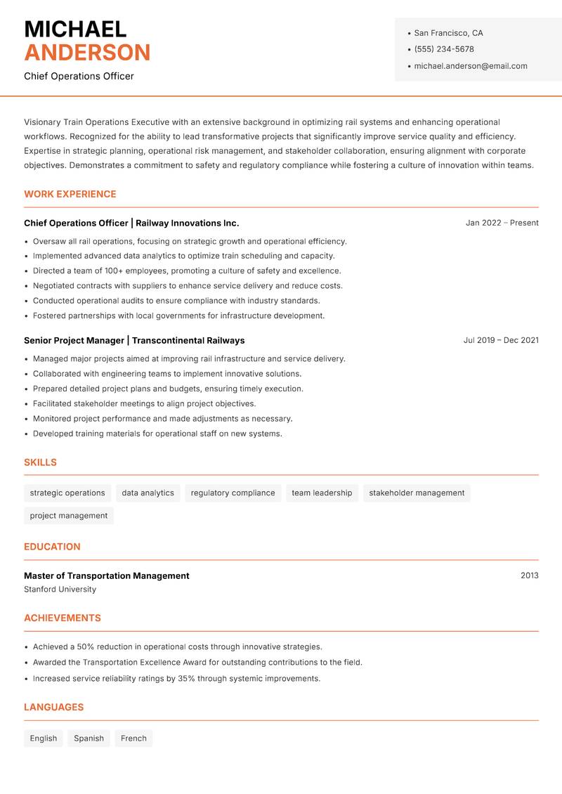 Train Operations Executive resume template — Modern Professional