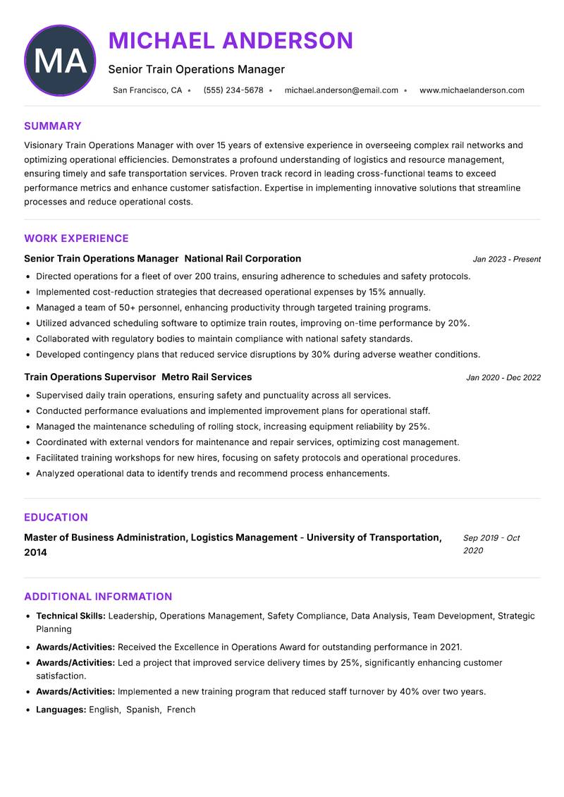 Train Operations Manager resume example — ATS-friendly template