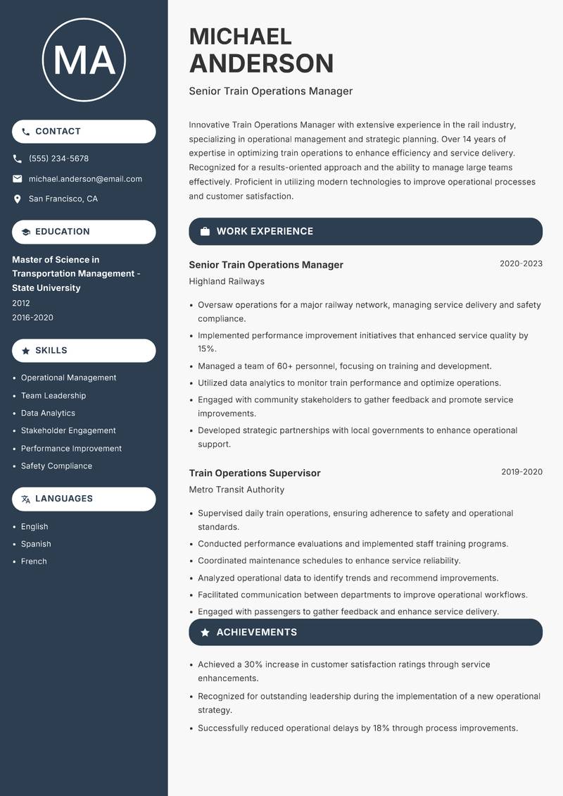 Train Operations Manager resume template — Compact