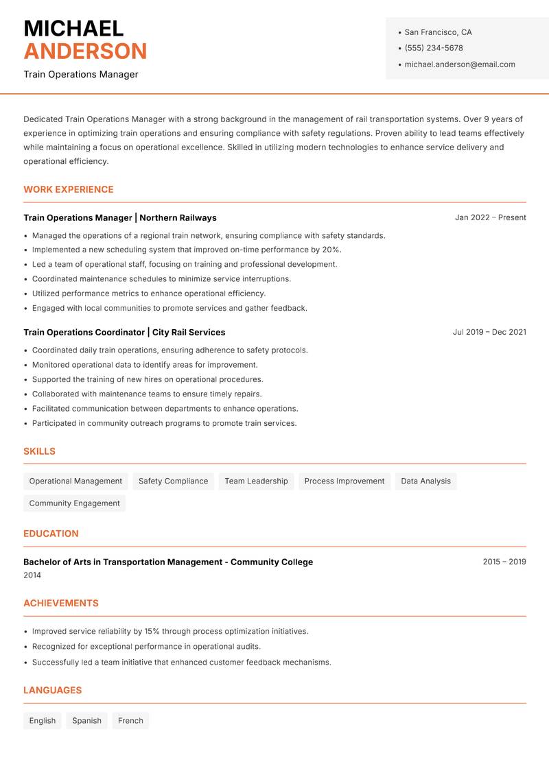 Train Operations Manager resume template — Modern Professional