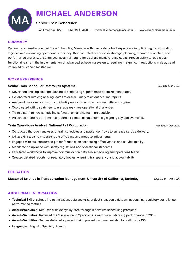 Train Scheduling Manager resume example — ATS-friendly template