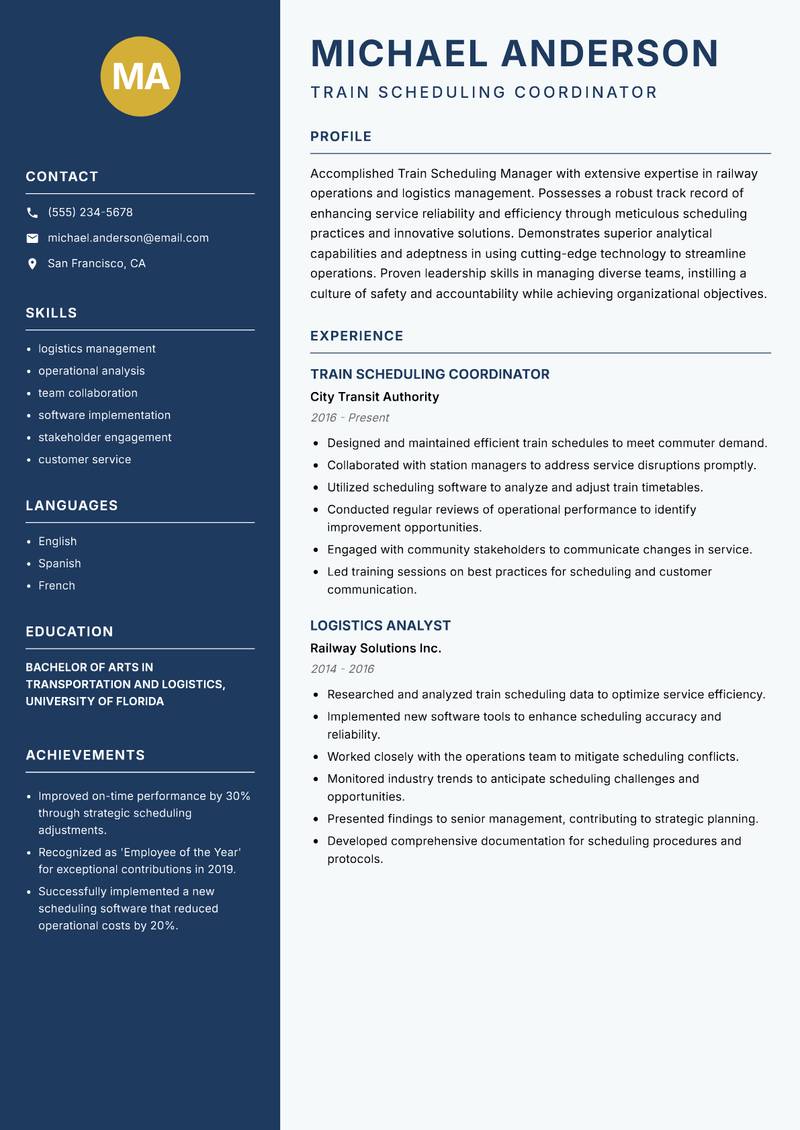 Train Scheduling Manager resume template — Classic Clean