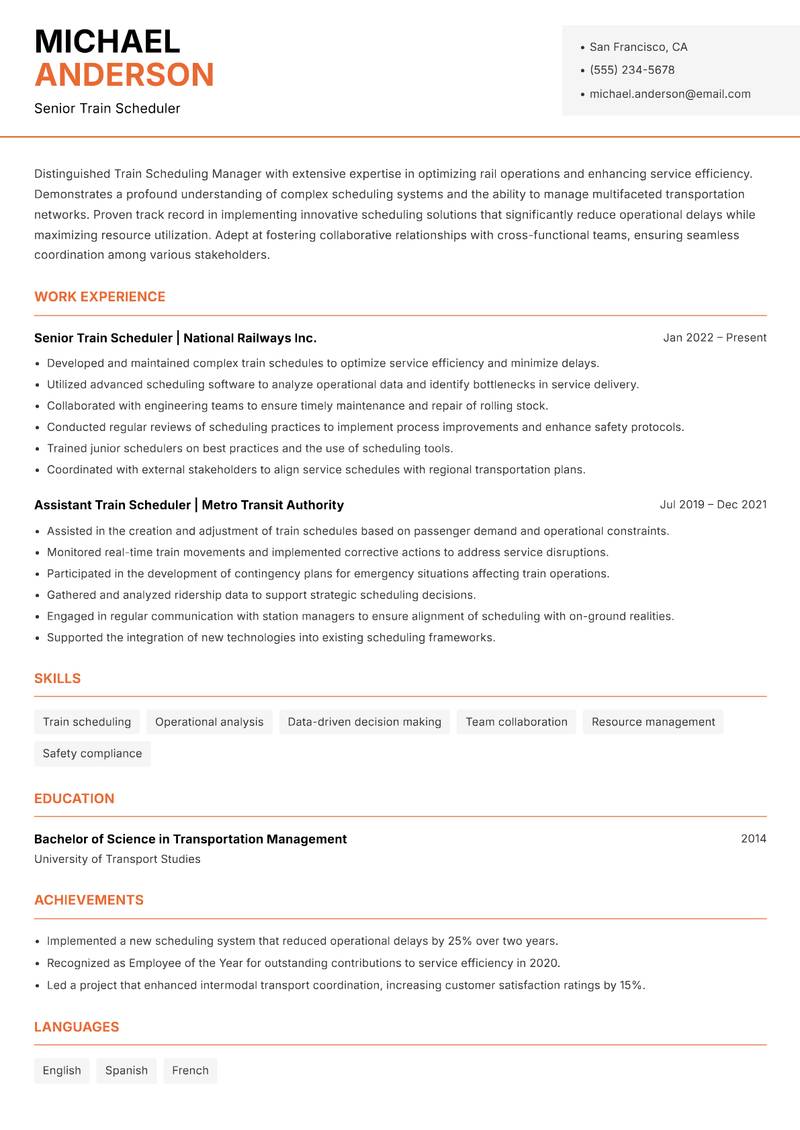 Train Scheduling Manager resume template — Modern Professional