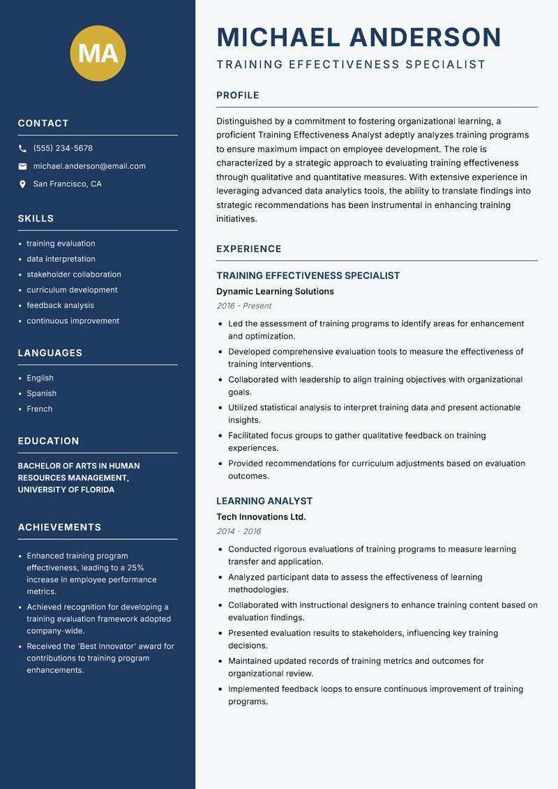 Training Effectiveness Analyst resume template — Classic Clean