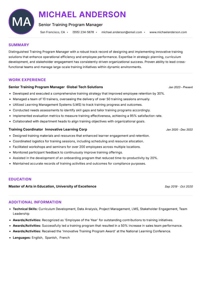 Training Program Manager resume example — ATS-friendly template