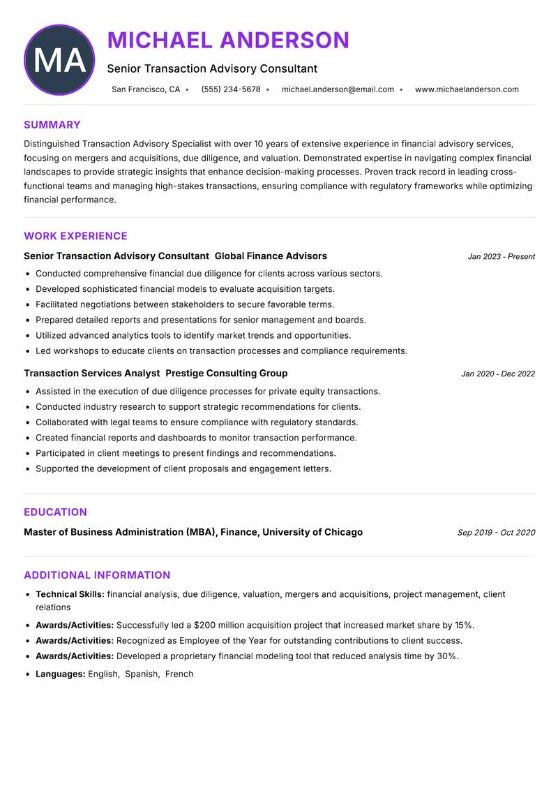 Transaction Advisory Specialist resume example — ATS-friendly template