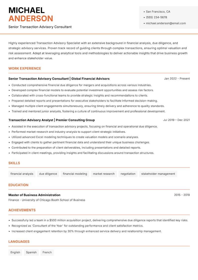 Transaction Advisory Specialist resume template — Modern Professional