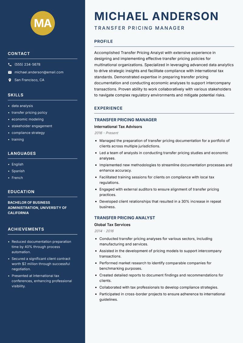 Transfer Pricing Analyst resume template — Classic Clean