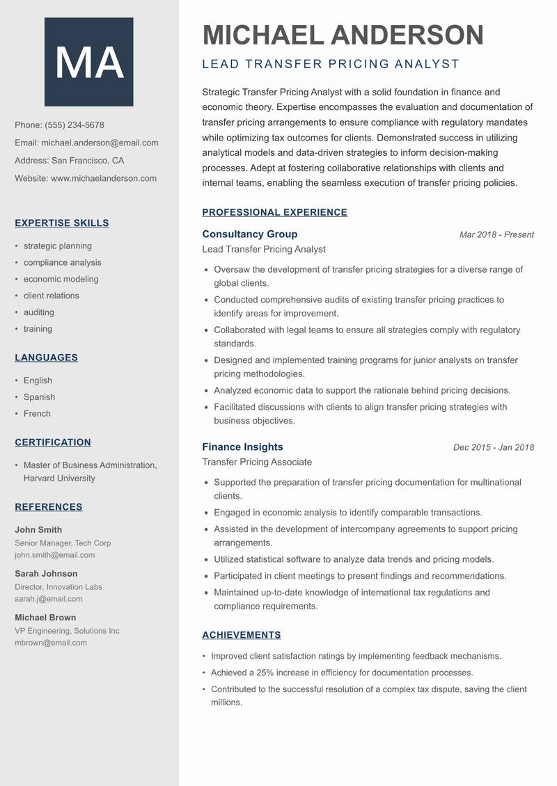 Transfer Pricing Analyst resume template — Creative Minimal