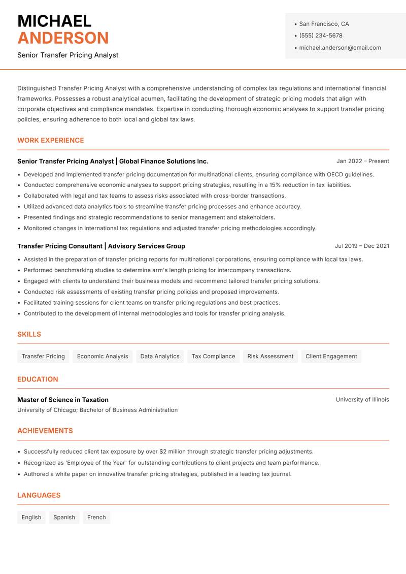 Transfer Pricing Analyst resume template — Modern Professional