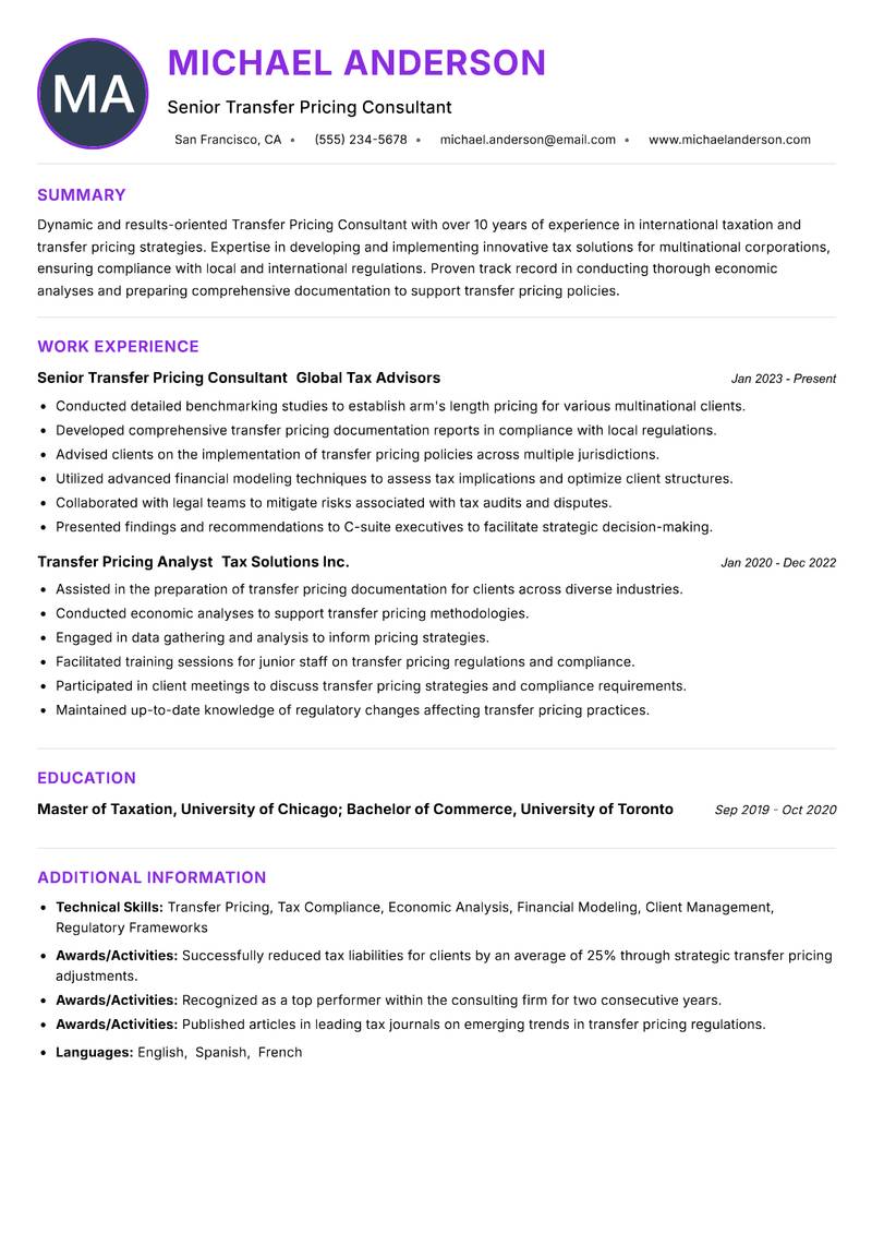 Transfer Pricing Consultant resume example — ATS-friendly template