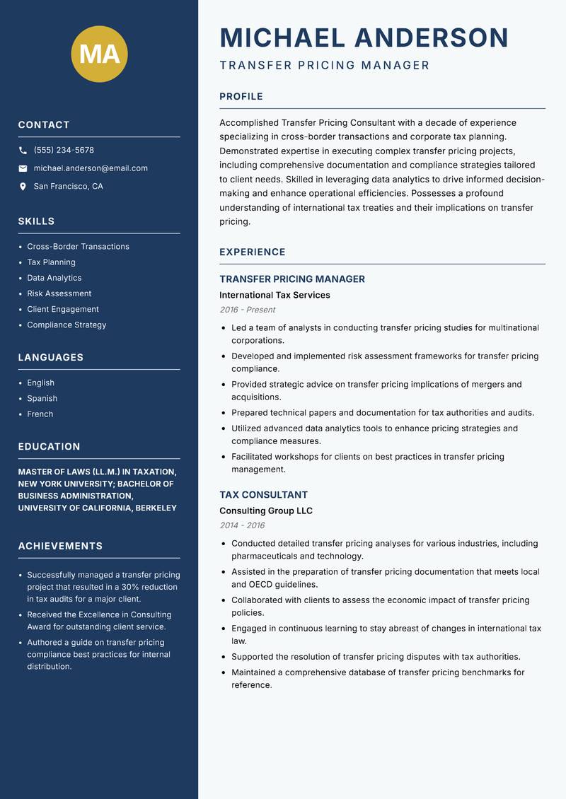 Transfer Pricing Consultant resume template — Classic Clean