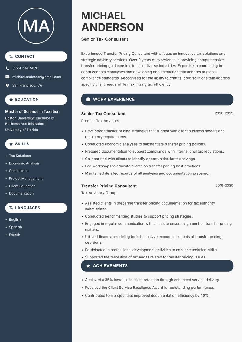 Transfer Pricing Consultant resume template — Compact