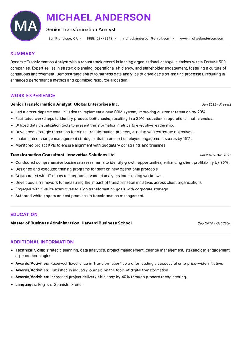 Transformation Analyst resume example — ATS-friendly template