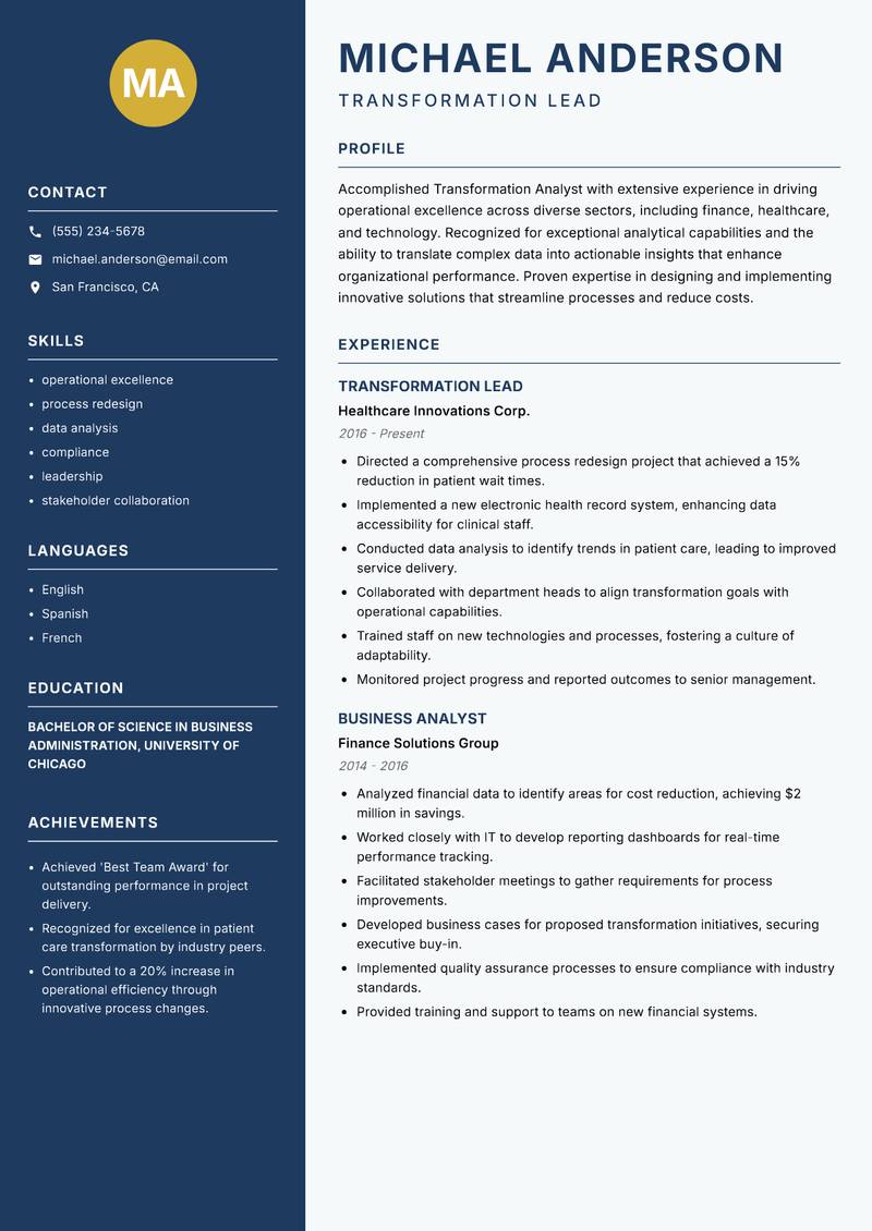 Transformation Analyst resume template — Classic Clean