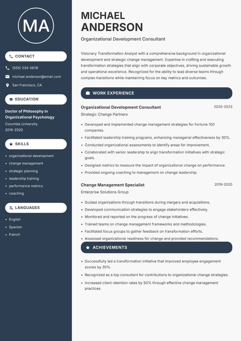 Transformation Analyst resume template — Compact