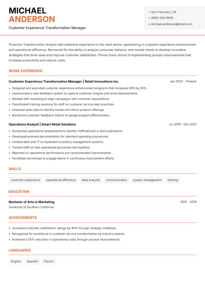 Transformation Analyst resume template — Modern Professional