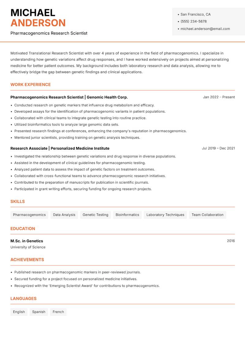 Translational Research Scientist resume template — Modern Professional