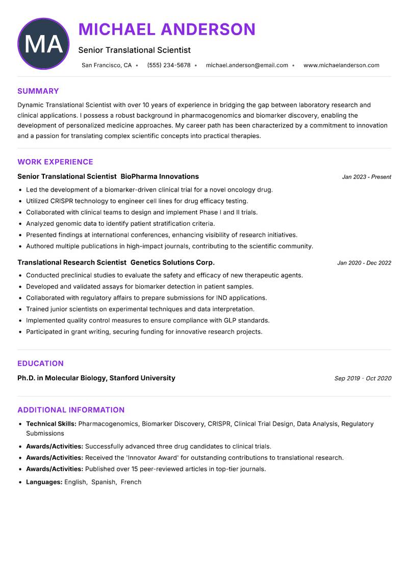 Translational Scientist resume example — ATS-friendly template