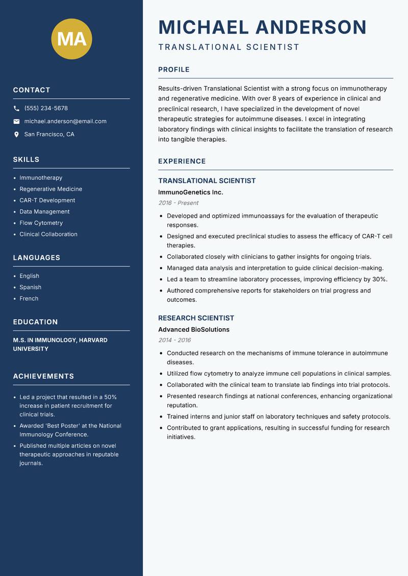 Translational Scientist resume template — Classic Clean