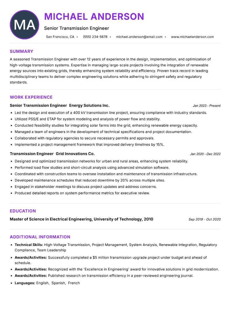 Transmission Engineer resume example — ATS-friendly template