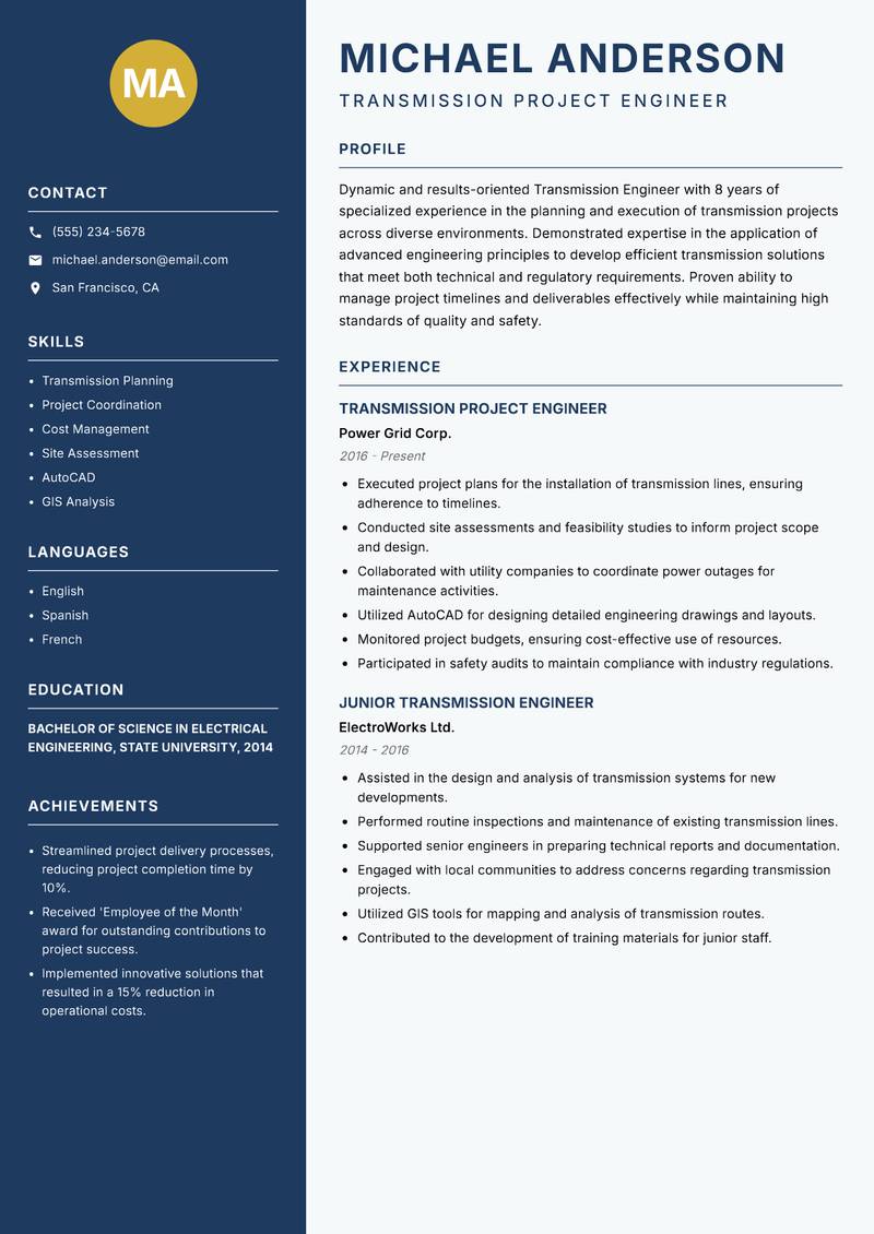 Transmission Engineer resume template — Classic Clean