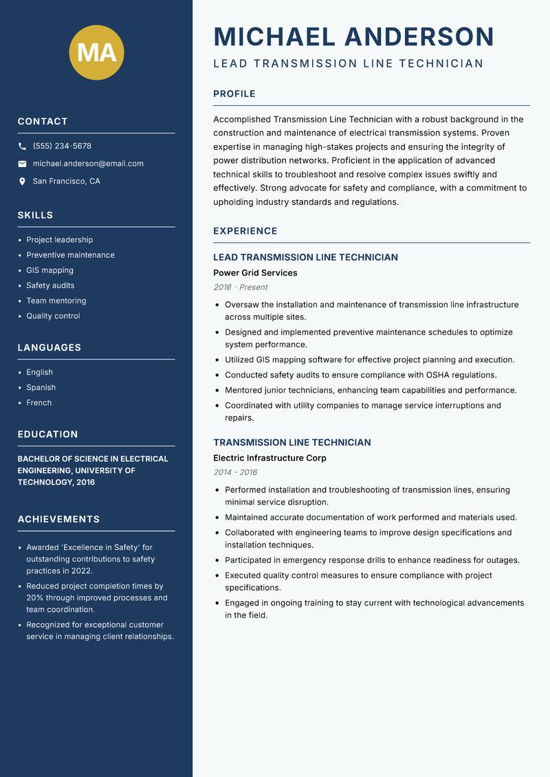 Transmission Line Technician resume template — Classic Clean