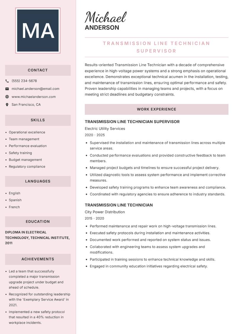 Transmission Line Technician resume template — Executive