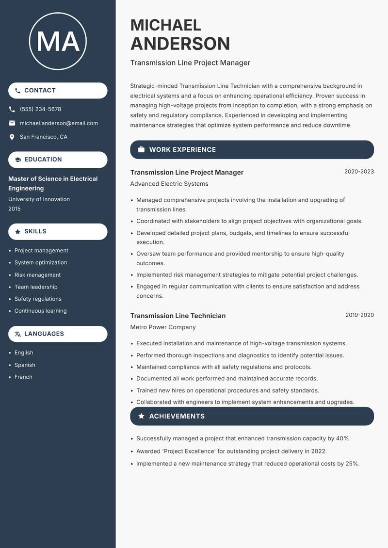 Transmission Line Technician resume template — Compact