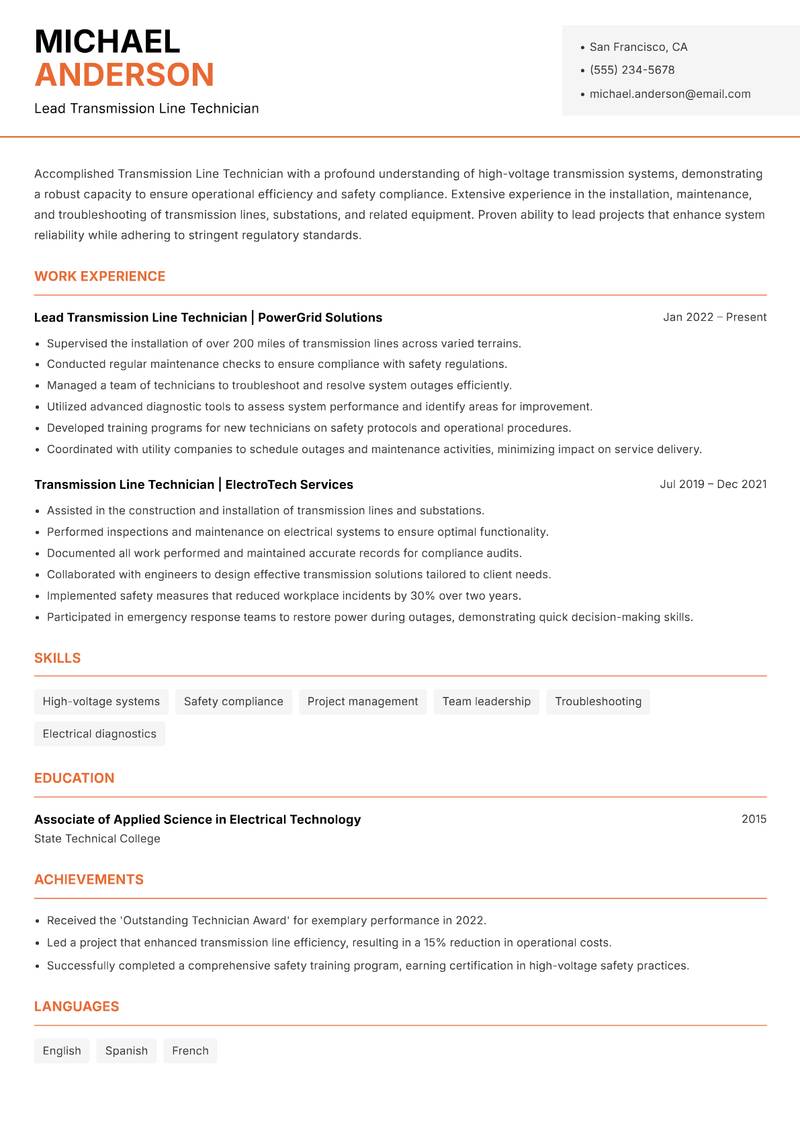 Transmission Line Technician resume template — Modern Professional