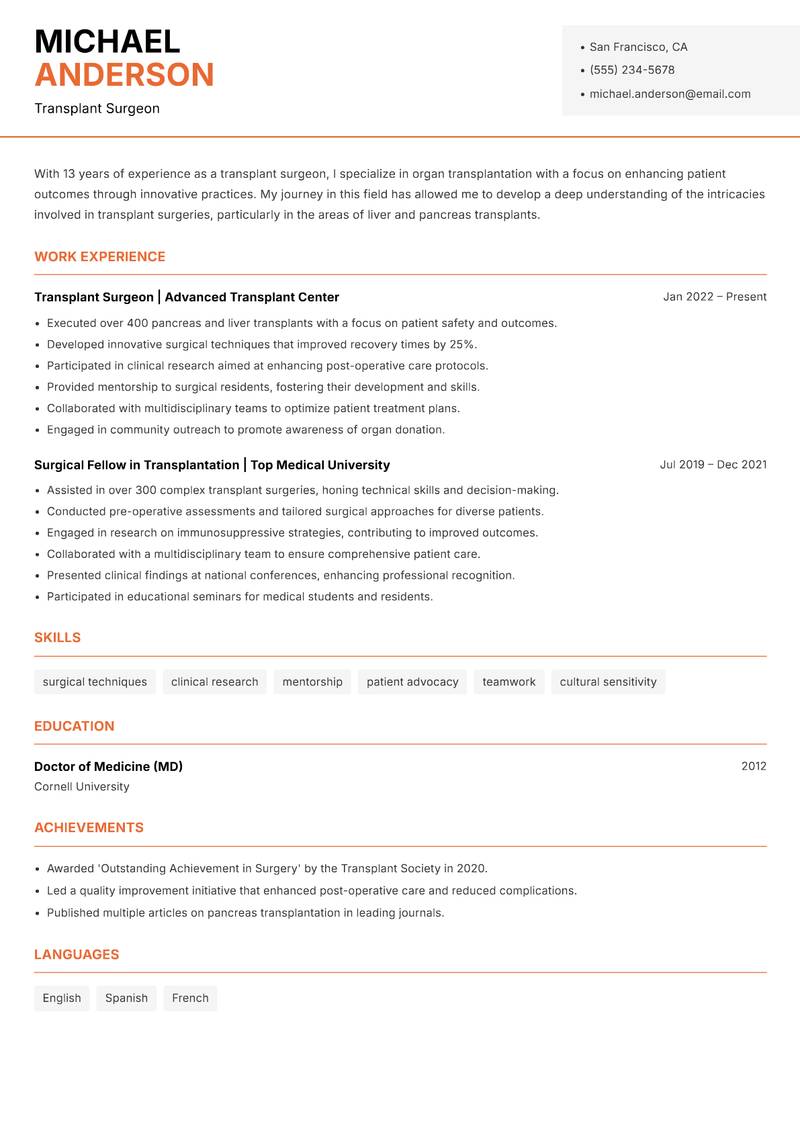 Transplant Surgeon resume template — Modern Professional