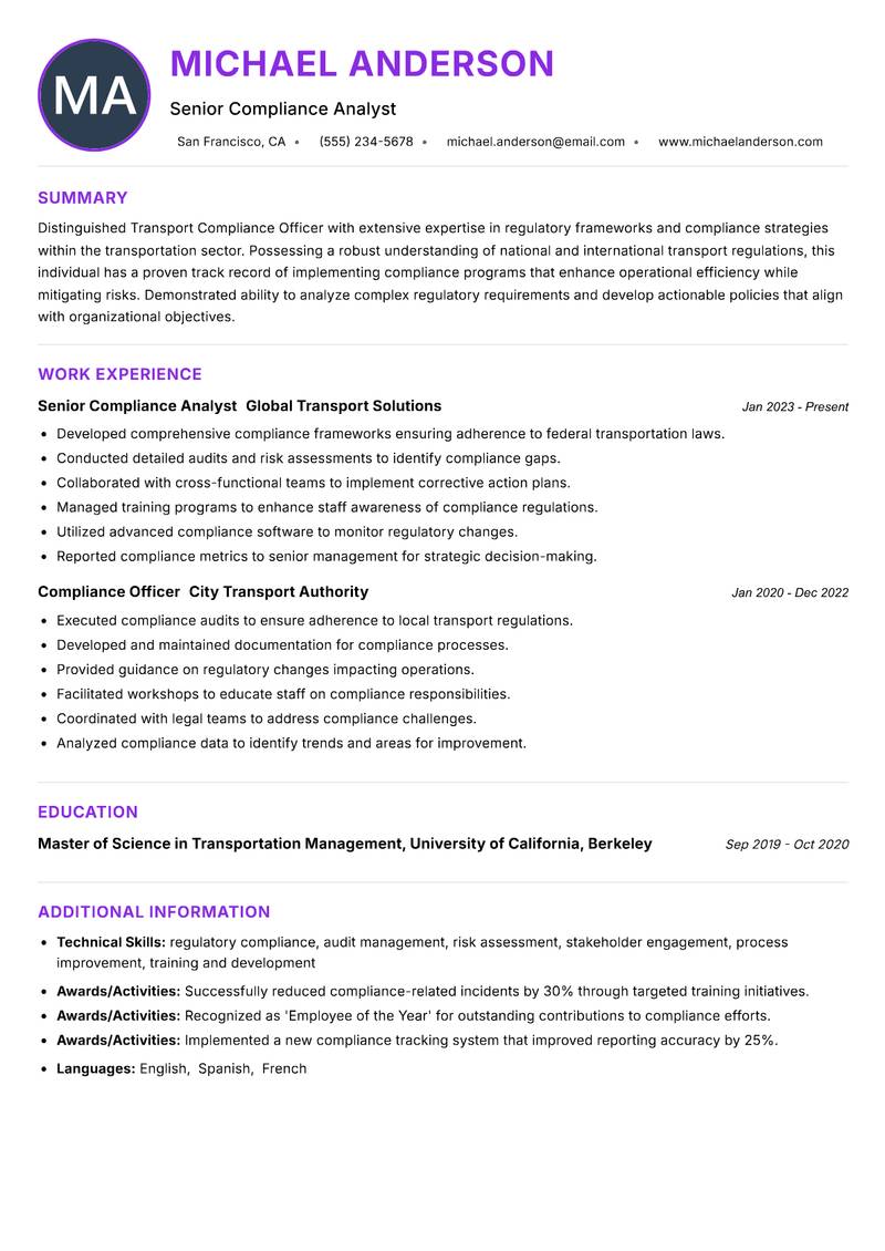 Transport Compliance Officer resume example — ATS-friendly template