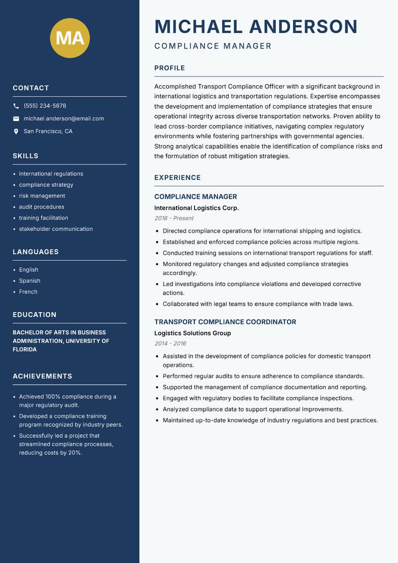 Transport Compliance Officer resume template — Classic Clean