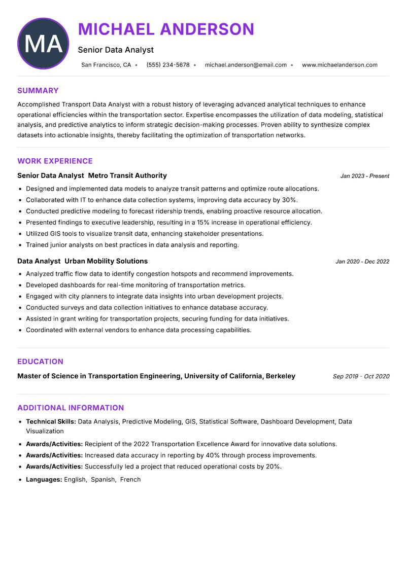 Transport Data Analyst resume example — ATS-friendly template
