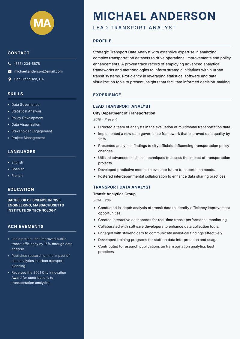 Transport Data Analyst resume template — Classic Clean