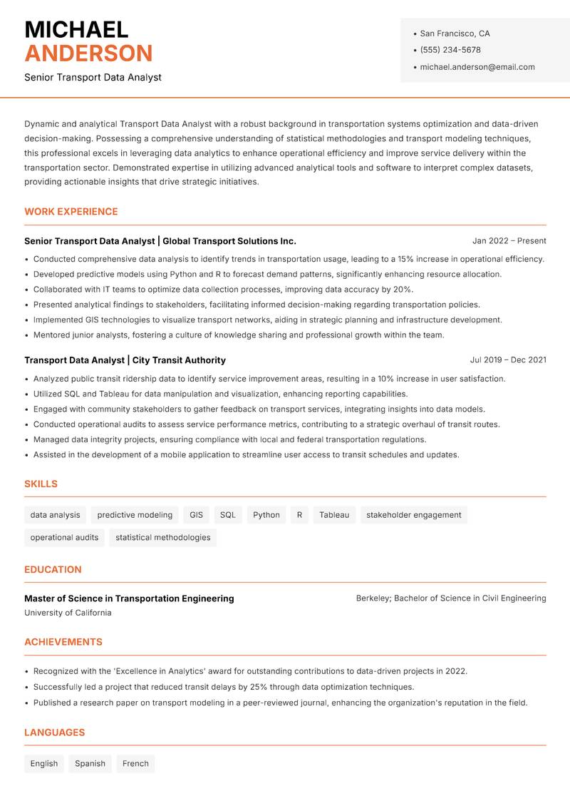 Transport Data Analyst resume template — Modern Professional