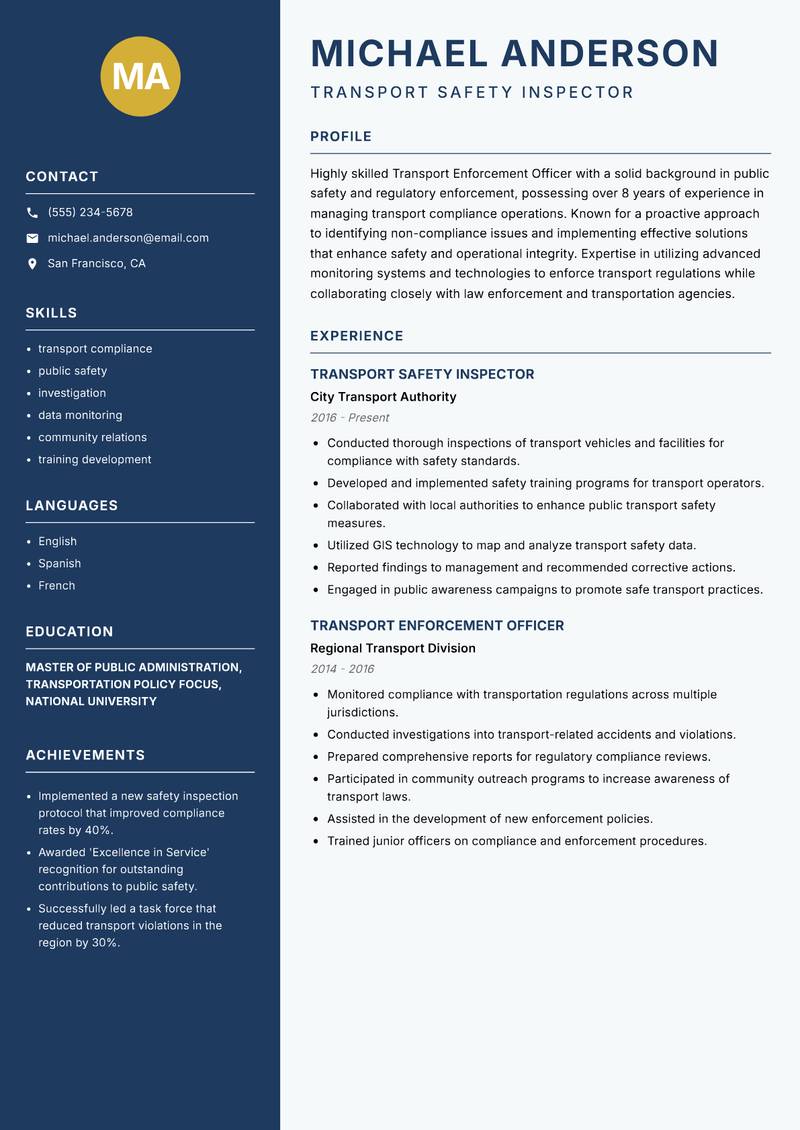 Transport Enforcement Officer resume template — Classic Clean