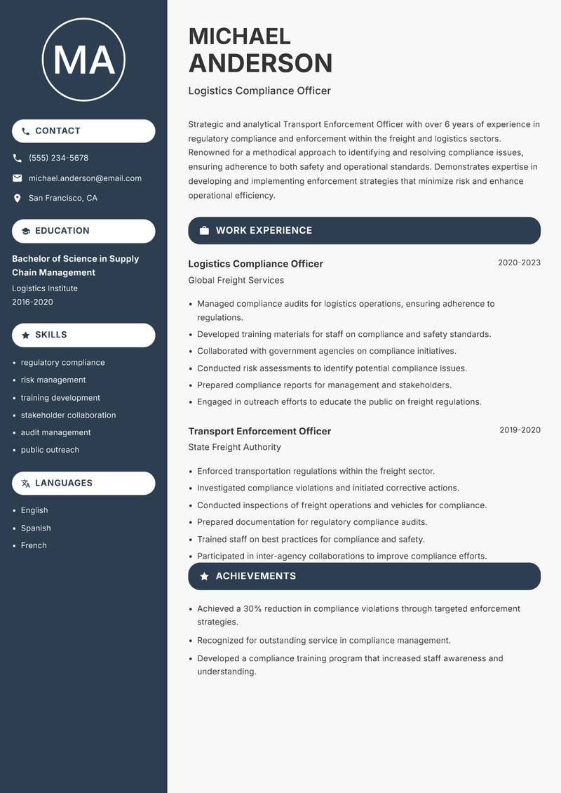 Transport Enforcement Officer resume template — Compact