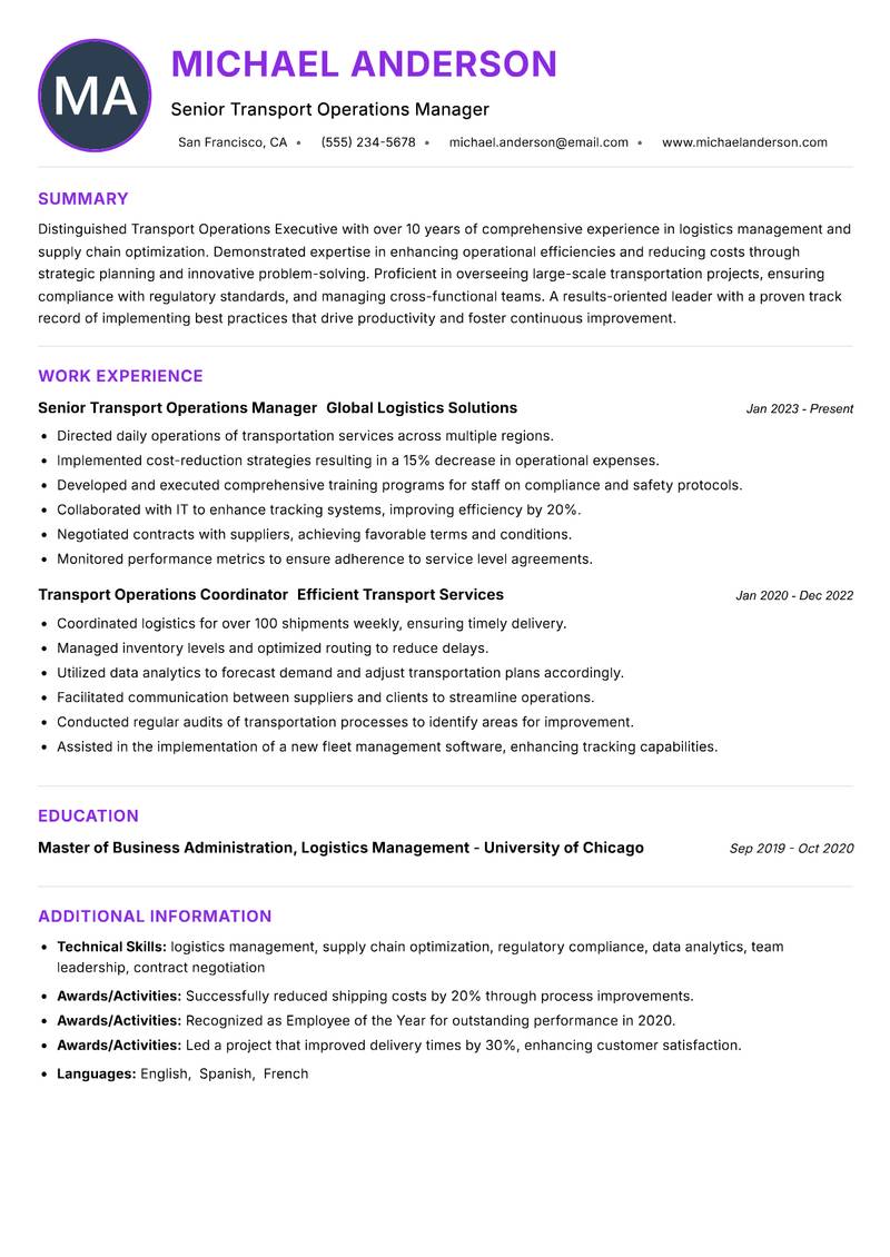 Transport Operations Executive resume example — ATS-friendly template