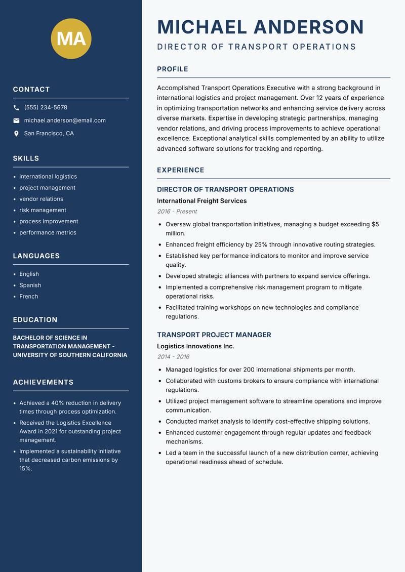 Transport Operations Executive resume template — Classic Clean