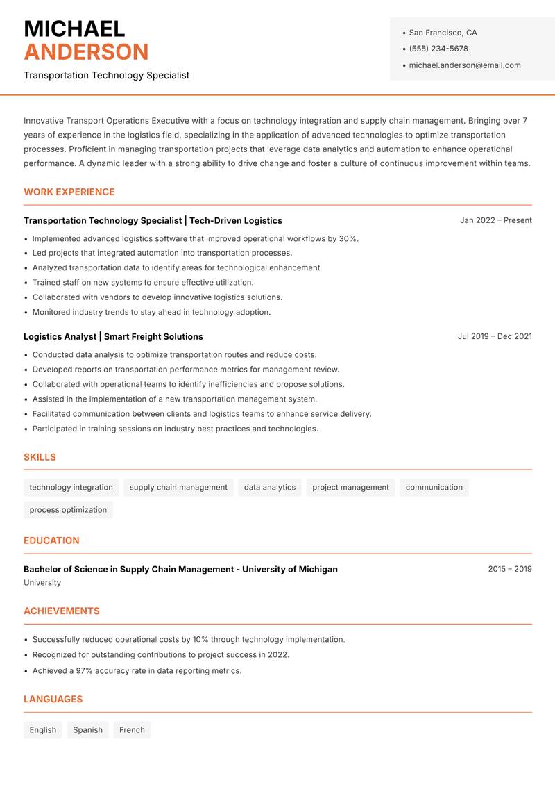Transport Operations Executive resume template — Modern Professional