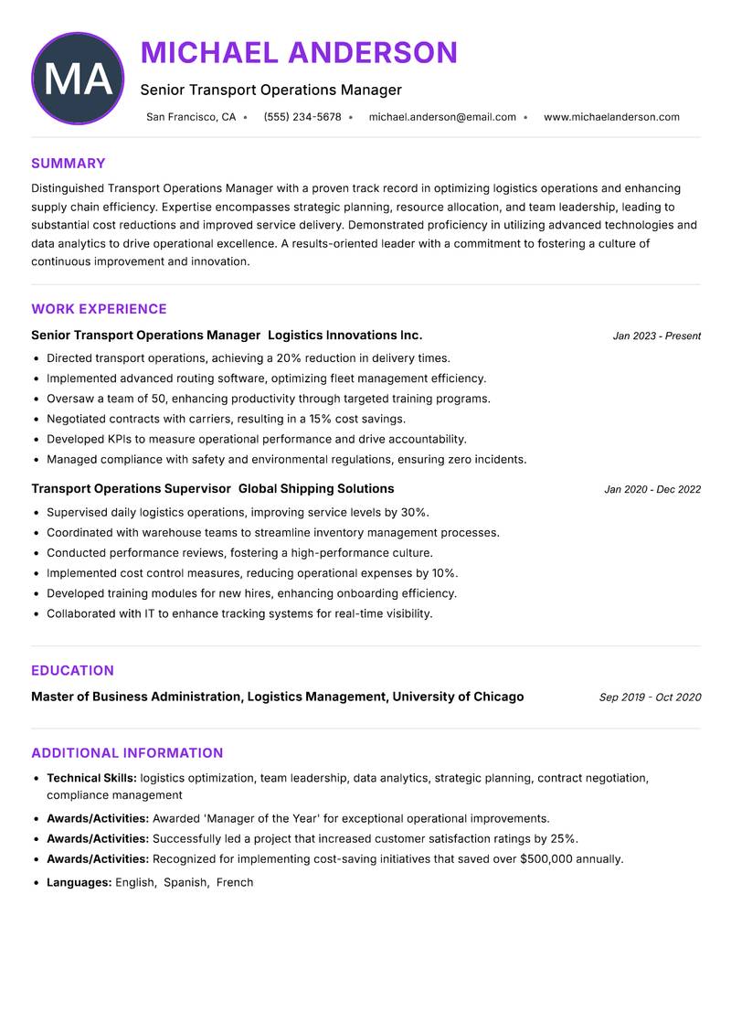 Transport Operations Manager resume example — ATS-friendly template